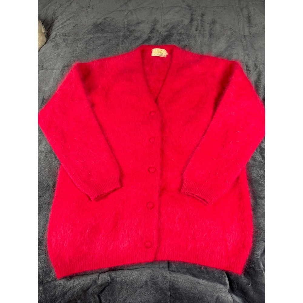 Gigi Vintage red Angora Lambswool Fuzzy V-Neck Button Cardigan Sweater 40